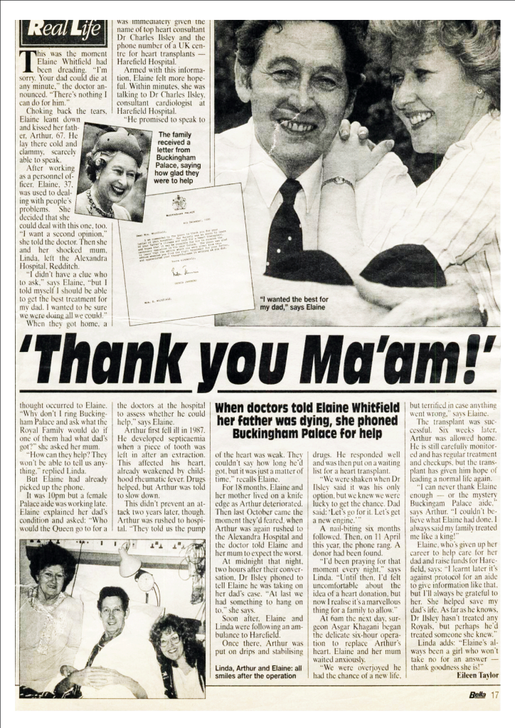 1991: Elaine Whitfield consults Buckingham Palace about Arthur's heart transplant